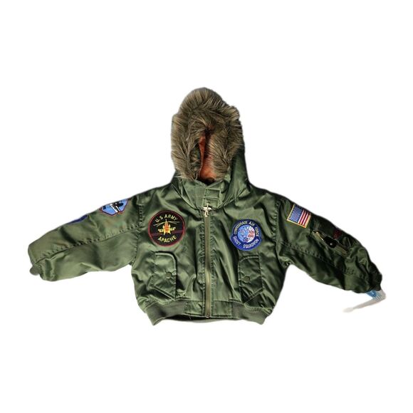 FLIGHTLINE Authentic FLIGHT Bomber JACKET 3T YOUTH Green Hooded Puffer NWT New - Picture 2 of 8